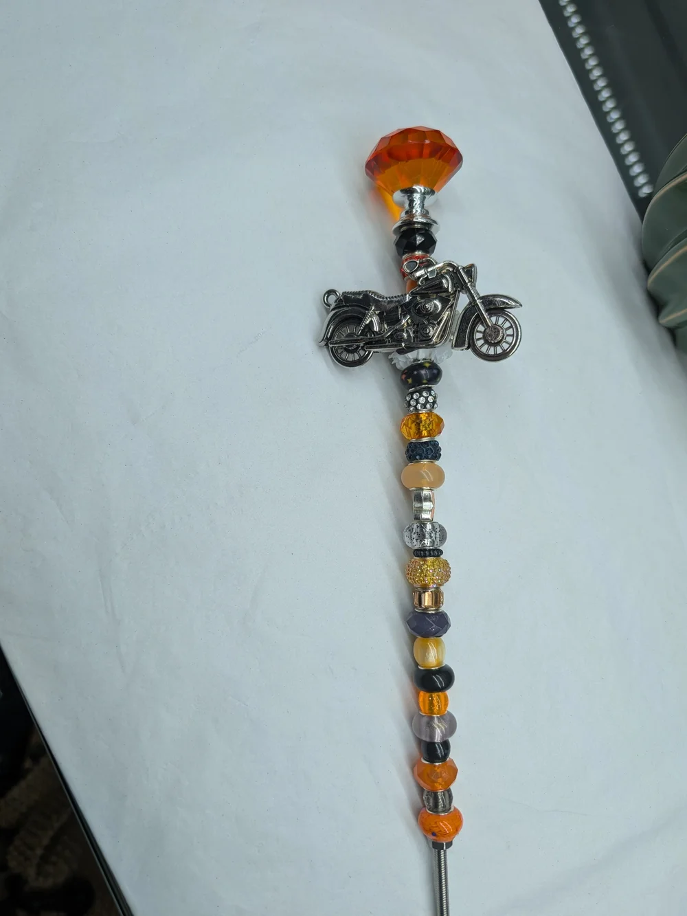 HandMade Fairy Wand/Plant/Garden Stake W/Orange Glass Knob Topper & Motorcycle🏍